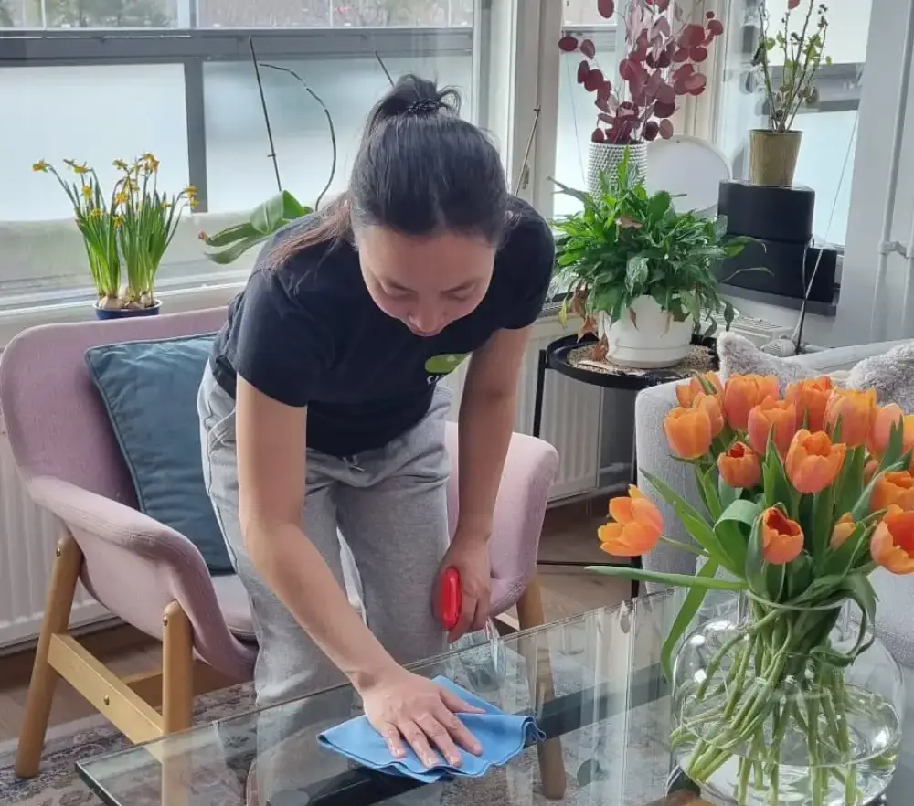 Ammattisiivooja tekemässä kotisiivousta olohuoneessa