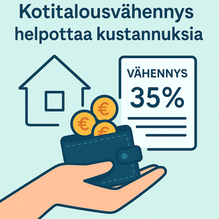 Kotitalousvähennys 35 % - käsi pitelee lompakkoa eurokolikoilla, taustalla talo ja vähennyslomake