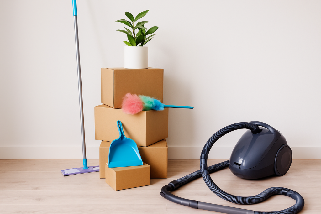 Siisti huone, jossa muuttolaatikoita, viherkasvi, pölynimuri letkuineen, moppi ja siivousvälineitä lattialla